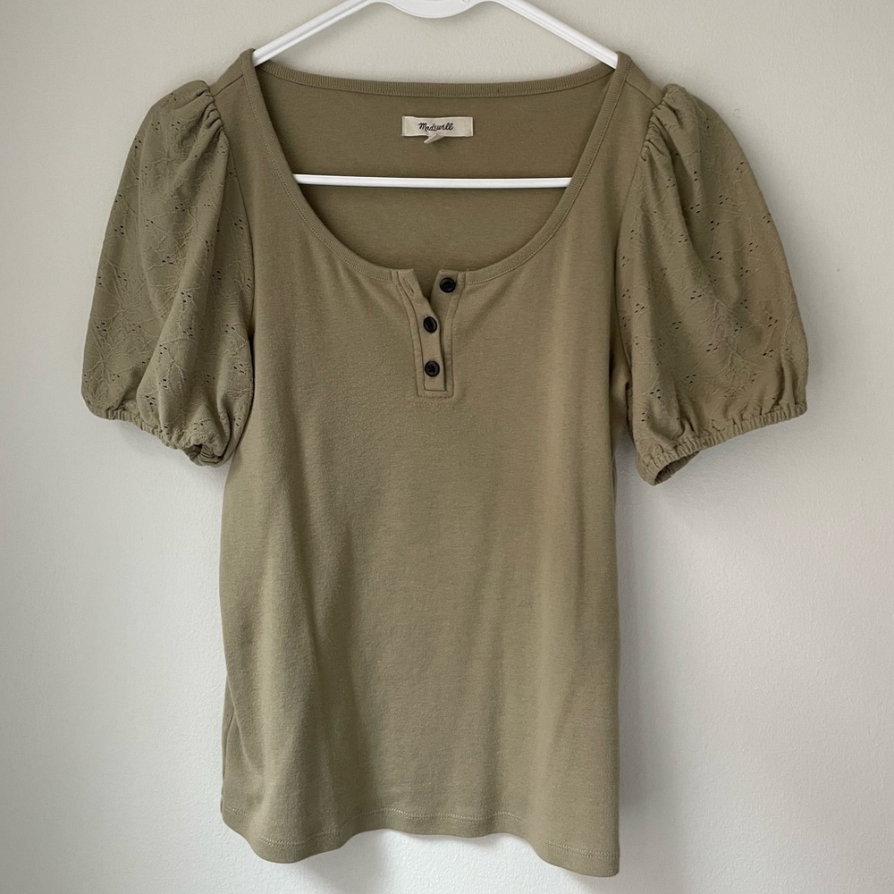 Puff sleeve sage green short-sleeve top.